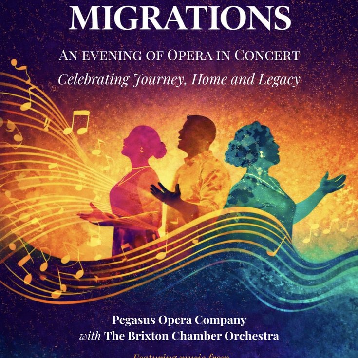 A bold and vibrant opera concert poster for “Windrush Migrations”, featuring three colorful silhouetted singers surrounded by flowing musical notes and glowing sunset-inspired colors.