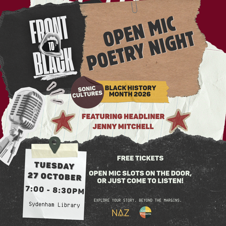 Open Mic Poetry Night title and details on collage of paper, vintage microphone, and front to black open mouth logo