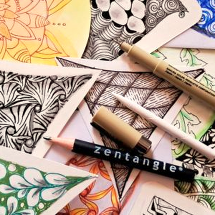 Hand drawn patterns on small 'tiles' which are cardstock. Small pencil, tortillion and Sakura Pen