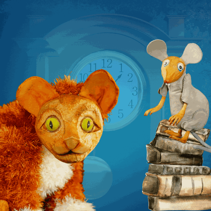 Ginger Cat and a mouse sitting on a pile of books with a clock in the background
