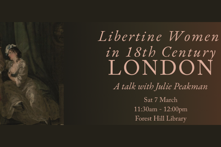 The title and event details in muted pink font on a dark brown background. A painting of an 18th century man and woman is next to the text