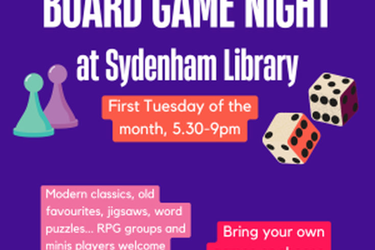 Game pieces and dice on a blue background with the event title and details