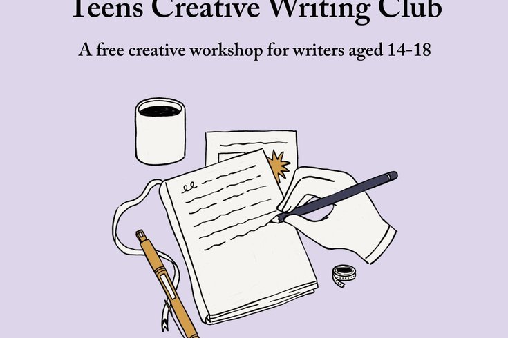 A graphic of a hand writing on paper and the title Teens Creative Writing Club