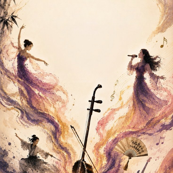 An ethereal picture with a singer, dancer, martial artist, erhu, fan and guitar.
