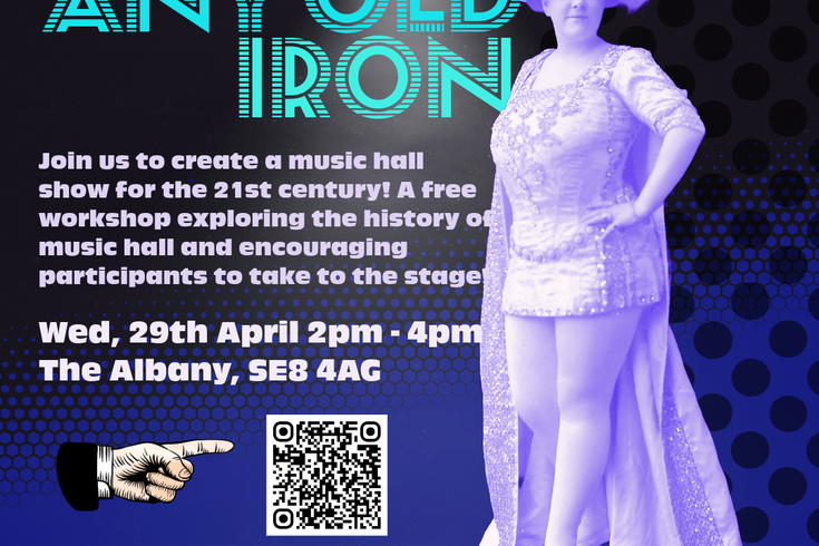 Flyer for Any Old Iron showing a vintage image of a female performer