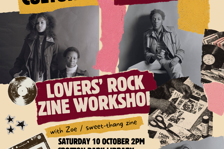 A collaged image with John Goto's photos, event title and description, music and collage ephemera