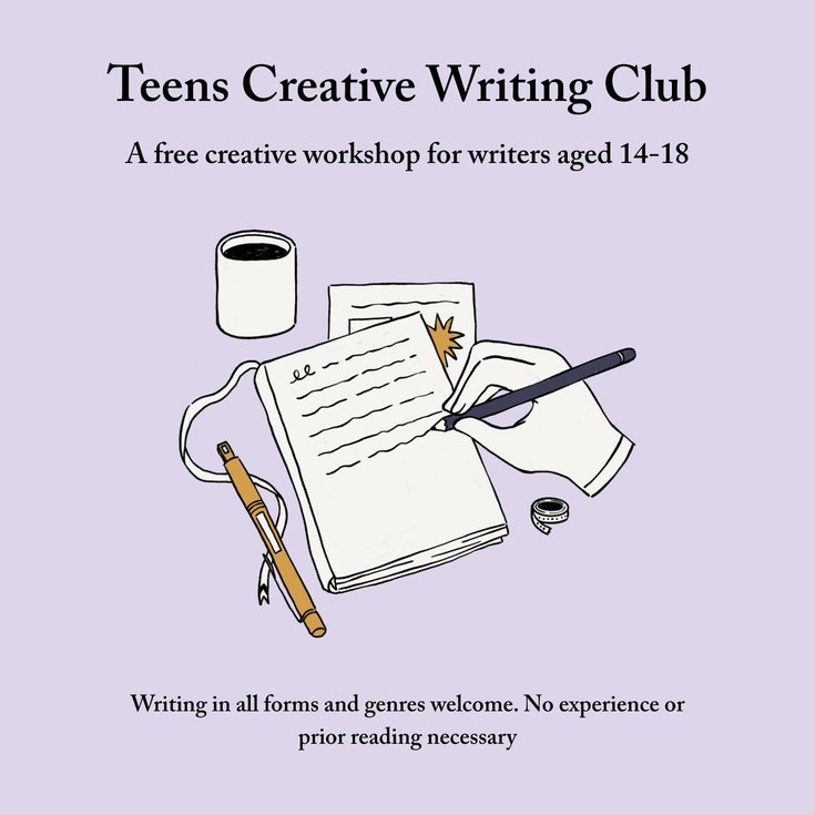 A graphic of a hand writing on paper and the title Teens Creative Writing Club