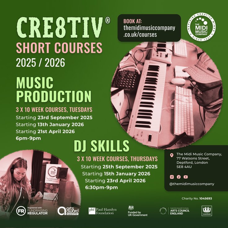 Dark green CRE8TIV® promo featuring "Music Production and DJ Skills". A man with a cap, glasses, and headphones sits at a computer and keyboard; a woman in a camo jacket mixes on DJ decks.