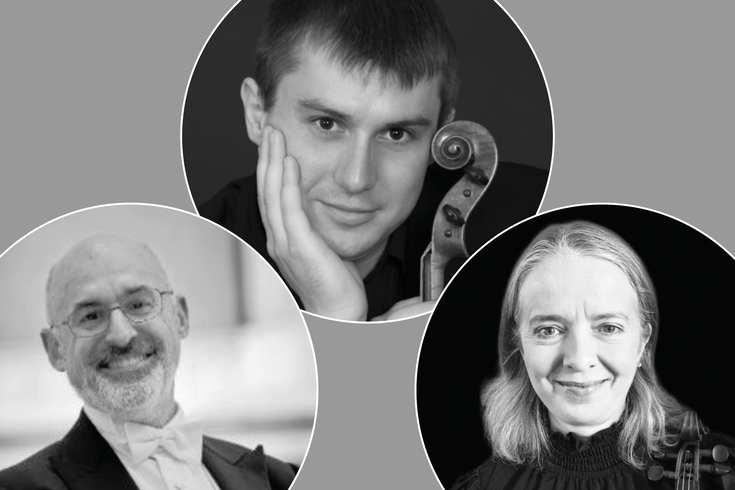 two male and one female headshots on a grey background