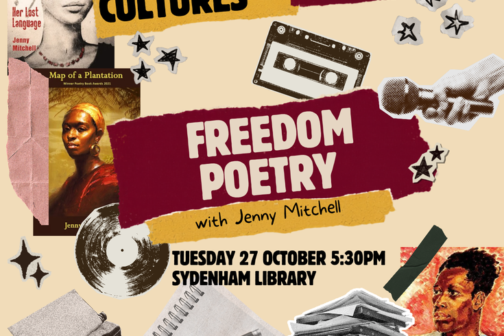 A collaged image with event title and details, Jenny's book covers, writing tools, music ephemera