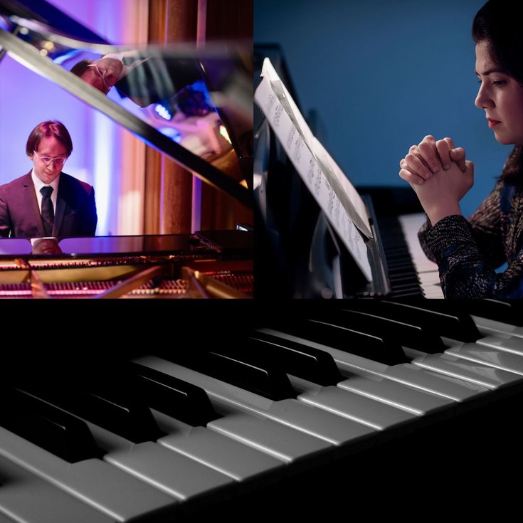 A female sits at the piano with her hands together. A male sits at a grand piano wearing a suit.