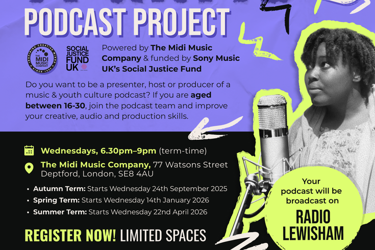 A purple and black promo image for the 77 Watts Podcast project, featuring lime green text and accents. Includes The Midi Music Company and Sony Music UK's Social Justice Fund logo.