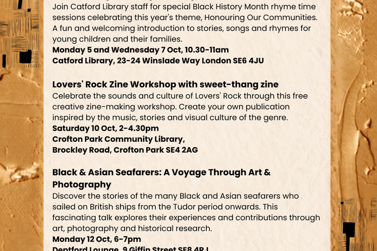 Event listings visual page with golden background.