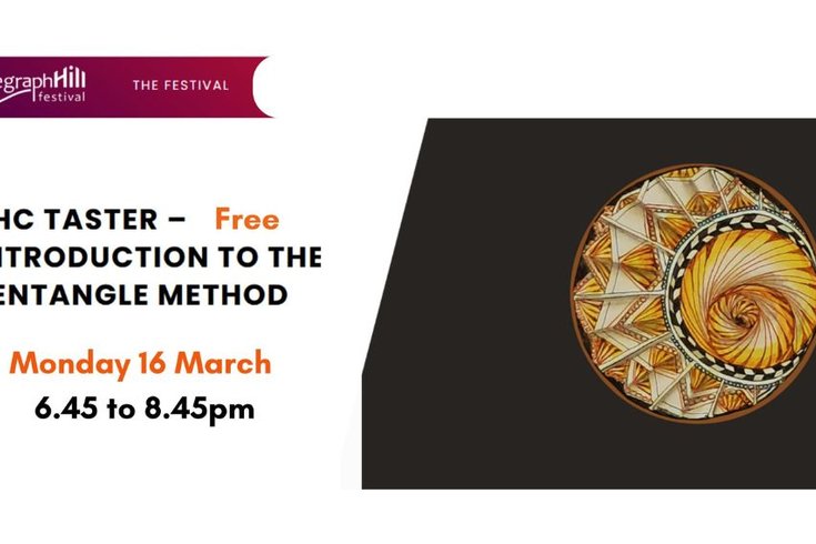 Picture of a Zentangle type drawing, and information about a free session at the Telegraph Hill Centre on the 16 March starting at 6.45pm for two hours, as part of the Telegraph Hill Festival