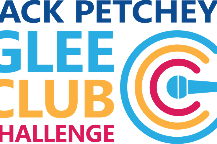 Bold text reads "Jack Petchey Glee Club Challenge" in blue, orange, and pink. A stylized microphone forms a "G" in blue and pink circles. Energetic and vibrant.