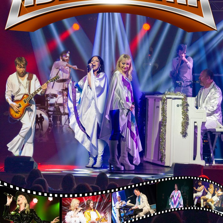 A vibrant tribute band, ABBAMANIA, performs on stage with colourful lights and dramatic outfits. A filmstrip below displays lively concert scenes.