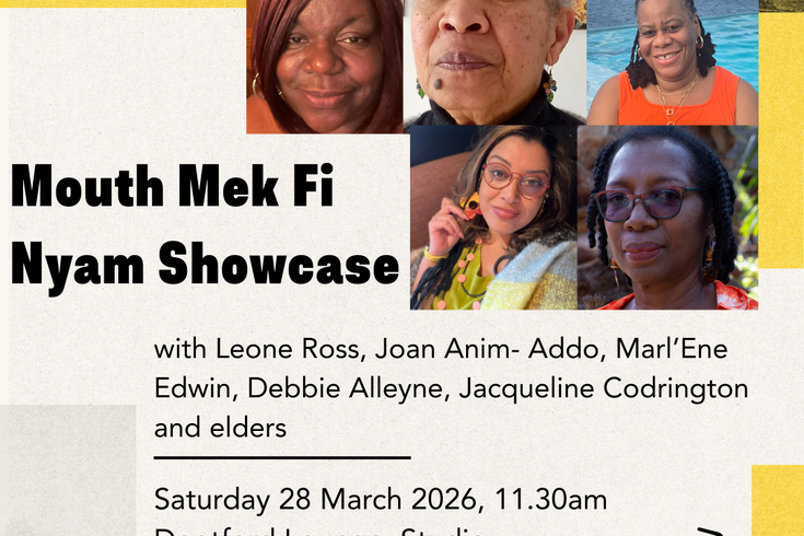 Deptford Literature Festival poster for “Mouth Mek Fi Nyam Showcase” featuring five Black women authors, with event details: Saturday 28 March 2026, 11:30am at Deptford Lounge, Studio, plus organizer.
