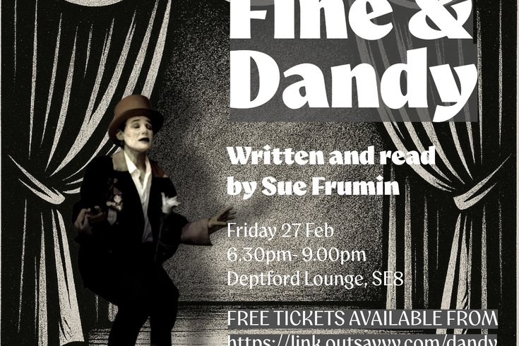 Monochrome image of performers standing in front of illustration of theatre curtains