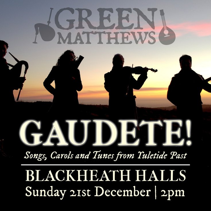 Silhouette of four musicians playing instruments with a background of a sunset