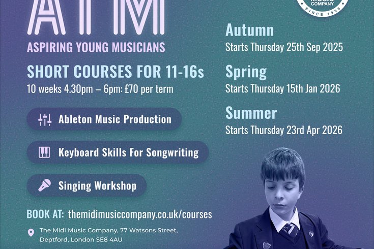 Blue AYM promo featuring short courses for 11–16s. The Midi Music logo top right; boy in uniform playing keyboard bottom right; funder logos along the bottom.