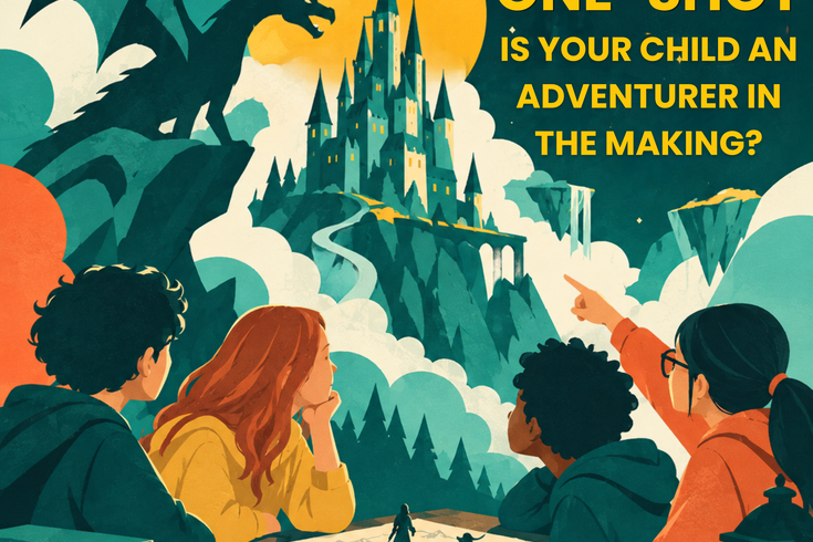 children sitting around a gaming table looking at a castle and dragon in the background