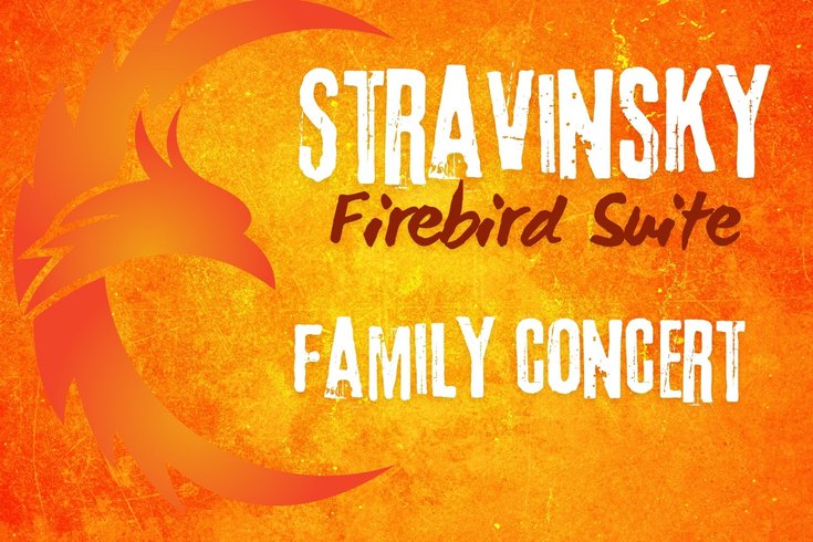 Graphic of an orange bird flying on an orange background with the words Stravinsky Firebird Suite Family Concert