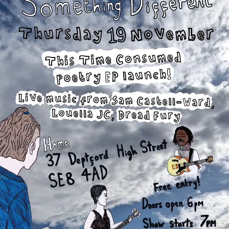 A poster for a gig. There is a big drawing of a man with a high ponytail with a photograph of clouds as a background. There are two smaller drawings of a man playing a guitar and a woman playing a ban