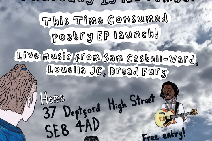 A poster for a gig. There is a big drawing of a man with a high ponytail with a photograph of clouds as a background. There are two smaller drawings of a man playing a guitar and a woman playing a ban