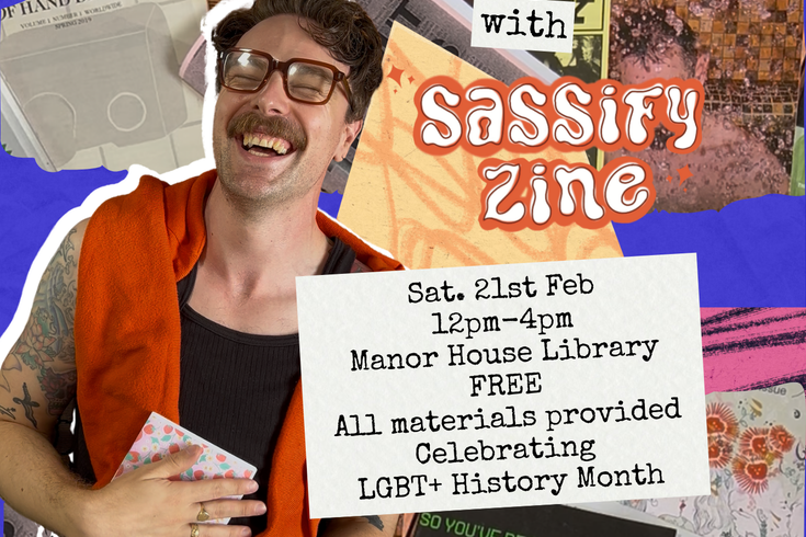 The title and event details on a background of collaged zine covers. Also features the event facilitator smiling while holding a zine