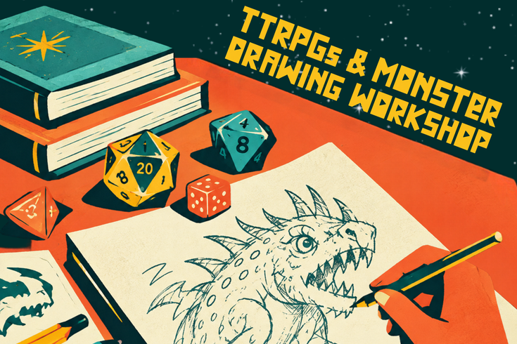 a table with books, dice, and a drawing of a monster with event title and iglootree logo