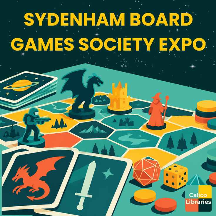 stylised teal, yellow and blue game board with game tokens, dice, and cards with event title