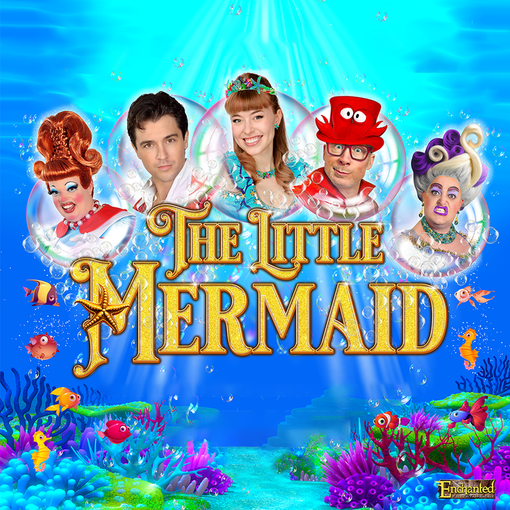Promotional poster for The Little Mermaid, under the sea themed, with images of the principal cast.