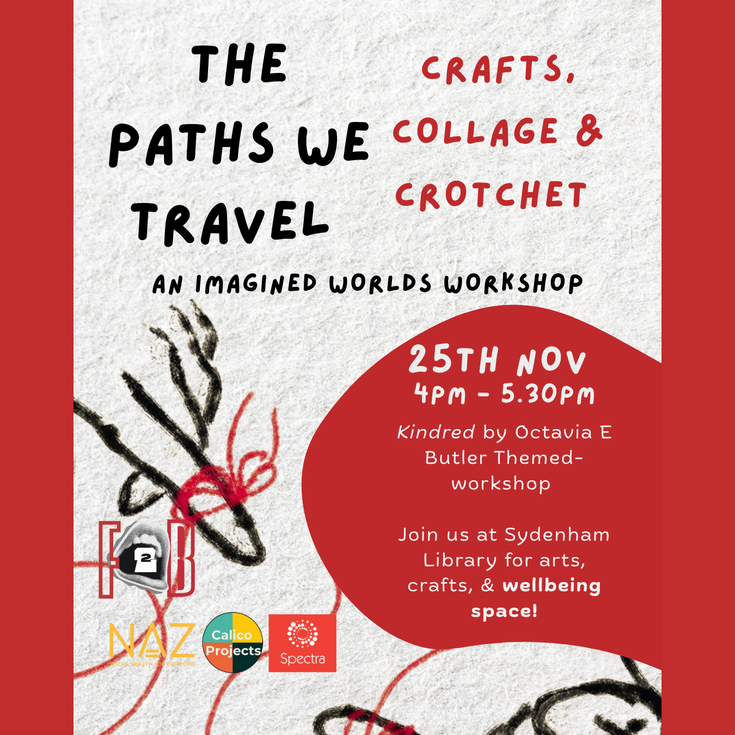A red, black, and white graphic for the event featuring images of string and vines alongside the event details and the logos of Calico, NAZ, and Spectra