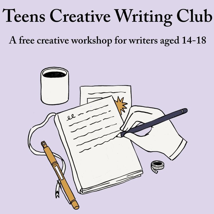 A graphic of a hand writing on paper and the title Teens Creative Writing Club