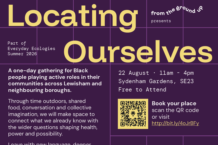 A promotional flyer for an event titled "Locating Ourselves". At the top is a street photo showing a red London bus and urban buildings, with a deep purple background containing yellow and white text
