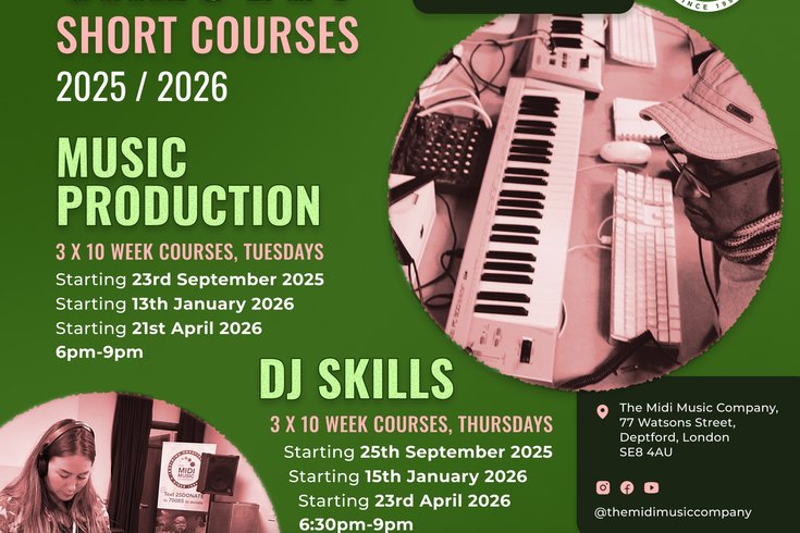 Dark green CRE8TIV® promo featuring "Music Production and DJ Skills". A man with a cap, glasses, and headphones sits at a computer and keyboard; a woman in a camo jacket mixes on DJ decks.