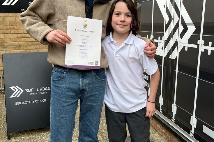 Louis Bradshow (drum teacher) with his student Vincent Fellows who gotdistinction on his Trinity college grade exam