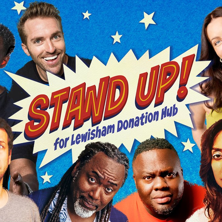 Colourful promotional image featuring six people smiling and posing around text saying "Stand Up for Lewisham Donation Hub" with stars on a blue background.