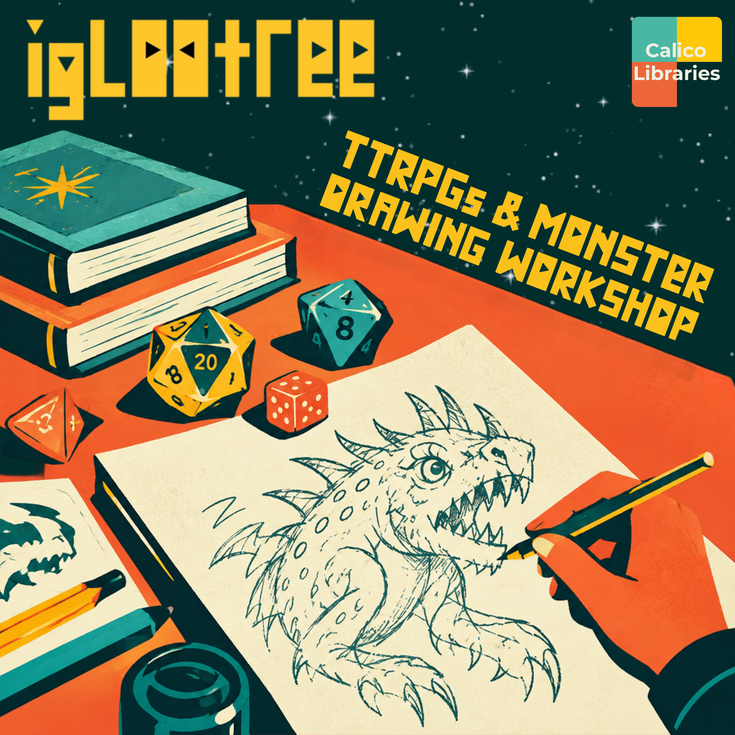 a table with books, dice, and a drawing of a monster with event title and iglootree logo