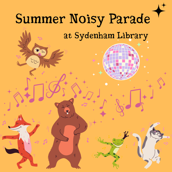 An owl, fox, bear, frog, and cat dancing under a mirror ball with colourful music notes on an orange background with event title