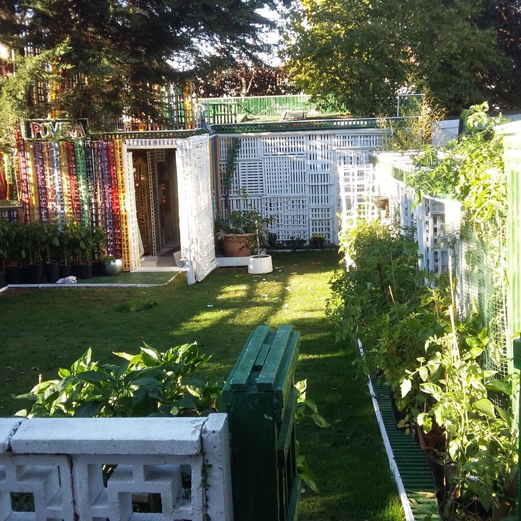 Image from a distance pf Povera Shed and the garden