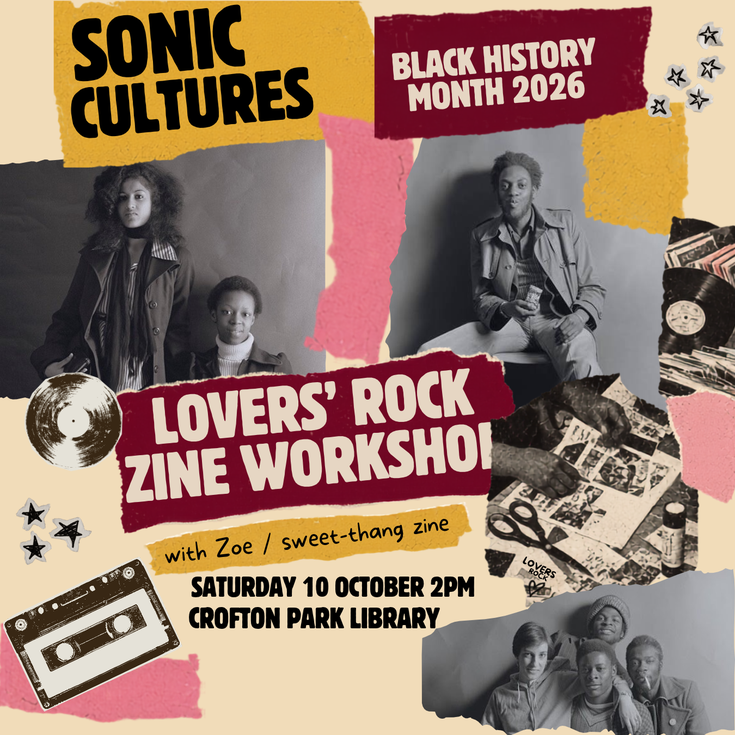 A collaged image with John Goto's photos, event title and description, music and collage ephemera