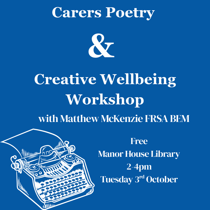 event title and details in white font on a blue background with a white drawing of a typewriter