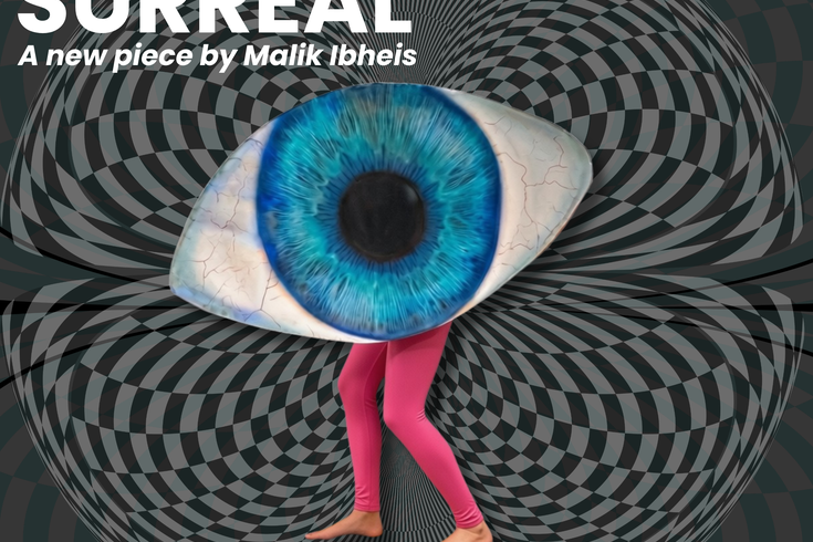 Hypnotic grey and black optical-illusion swirl pattern with an overlay of  a giant human eye (blue iris) in place of head and torso with legs covered in pink leggings in a walking position.
