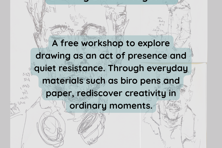 The title and description of the event overlaid on pen sketches of various people