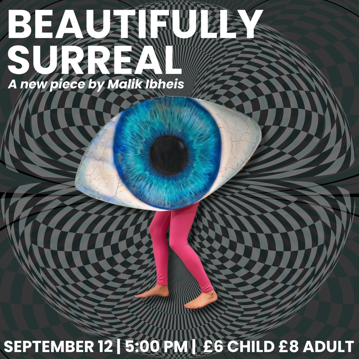 Hypnotic grey and black optical-illusion swirl pattern with an overlay of  a giant human eye (blue iris) in place of head and torso with legs covered in pink leggings in a walking position.