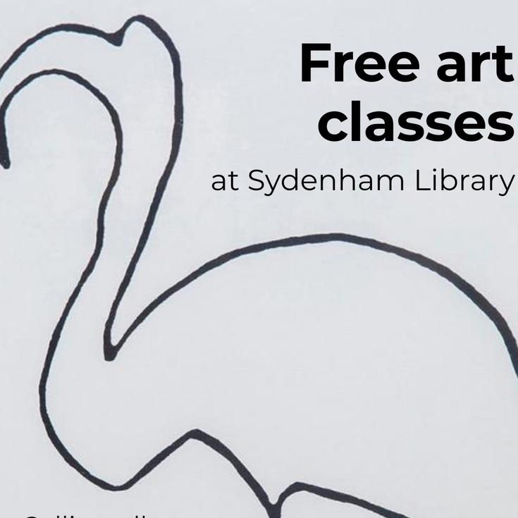 A line drawing of a flamingo with the title Free Art Classes at Sydenham Library