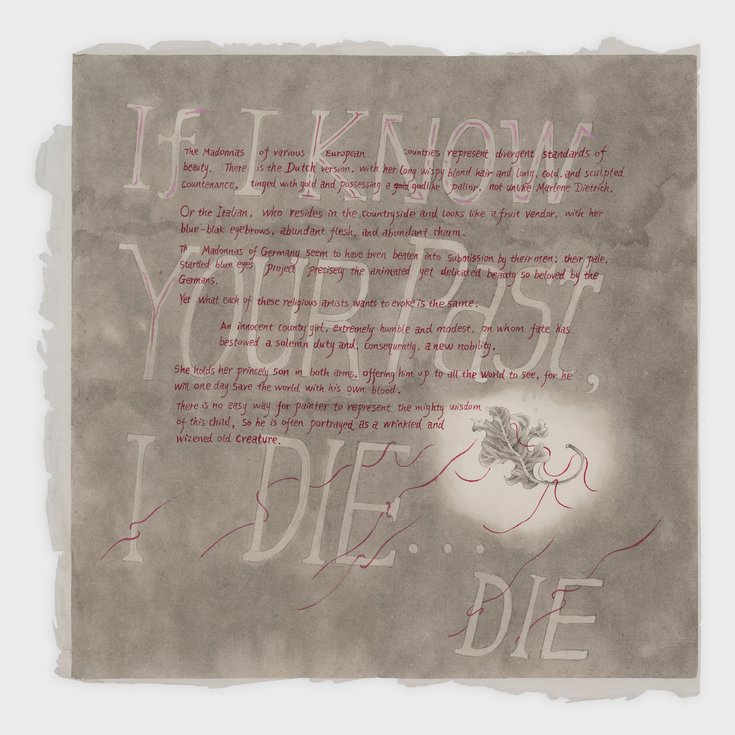 A brown, square painting on a white wall. The words If I know your past, I die... die are written in large beige letters on the painting.