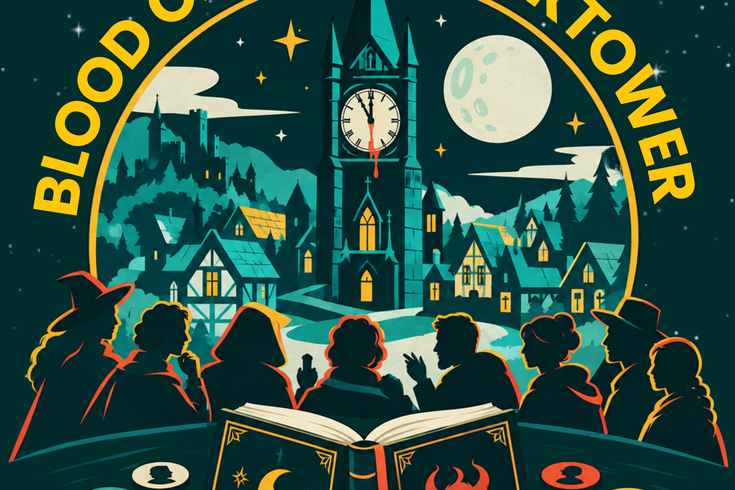 A town with a clocktower with silhouettes of players in the foreground and a table with game tokens