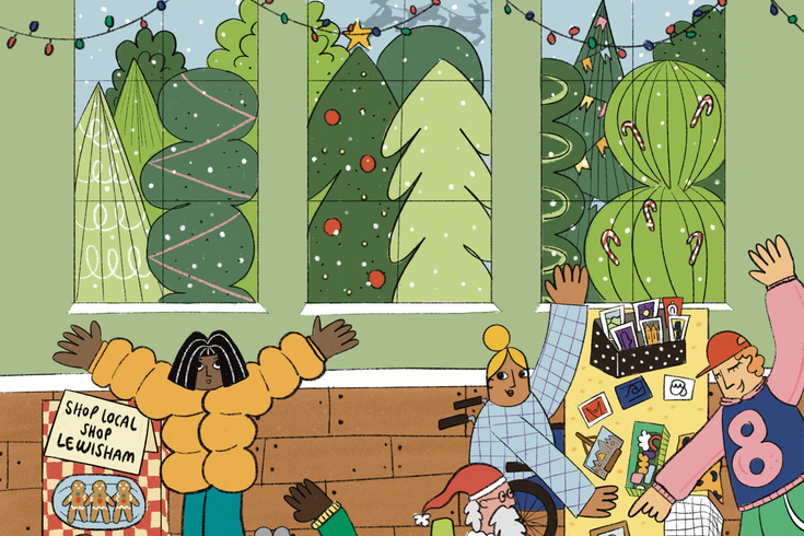 Poster for The Mansion Market: A Lewisham Local Christmas. A collaboration between Beckenham Place Mansion and Lewisham Local. The image is a drawn illustration of the market in a room in the Mansion